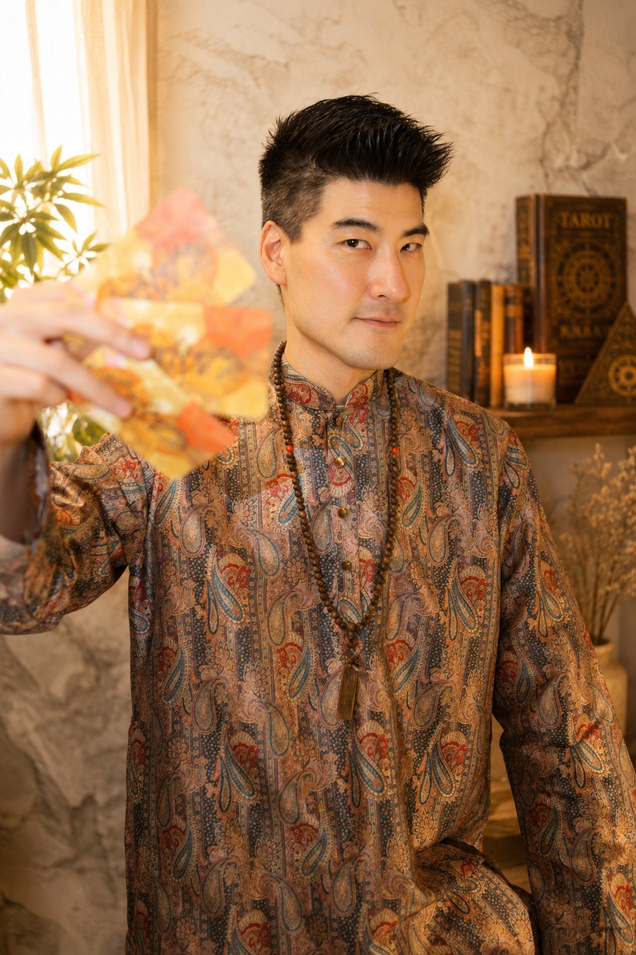 George in a paisley robe, fanning a spread of tarot cards