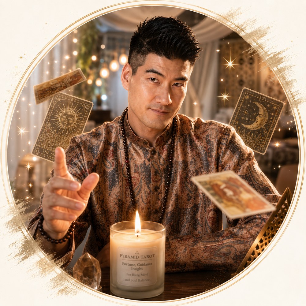 George, resident tarot reader, holding a fan of cards